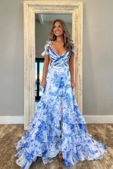 A Line V Neck Floral Printed Chiffon Long Prom Dresses