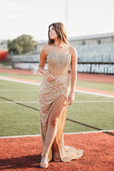 Mermaid Scoop Neck Champagne Sequins Prom Dresses