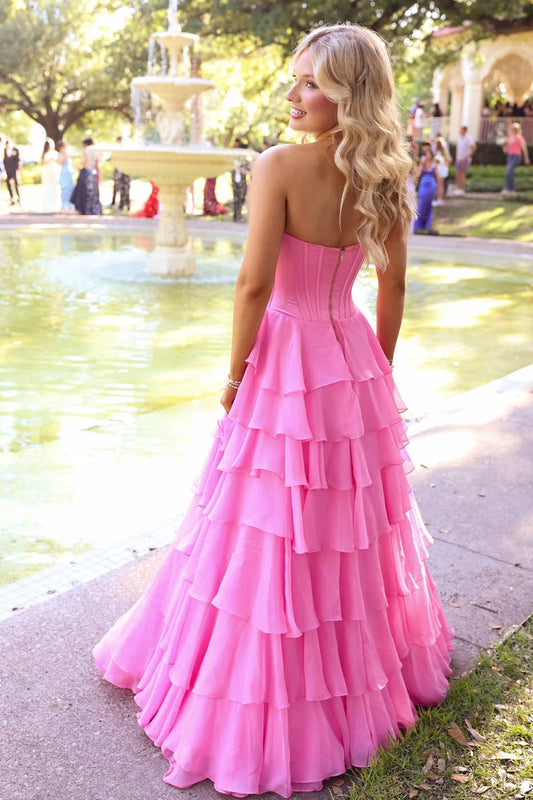 A Line Pink Chiffon Sweetheart Prom Dresses with Slit