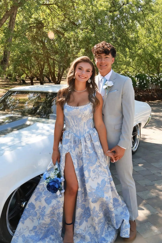 A Line Square Neck Jacquard Satin Long light blue Prom Dresses