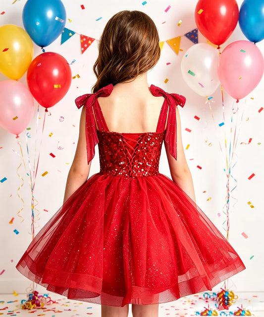 Girls Red Sequin Flower Girl Dress with Bow Straps
