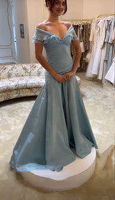 Off-the-shoulder Elegant A-Line Blue Chiffon Long Prom Dresses