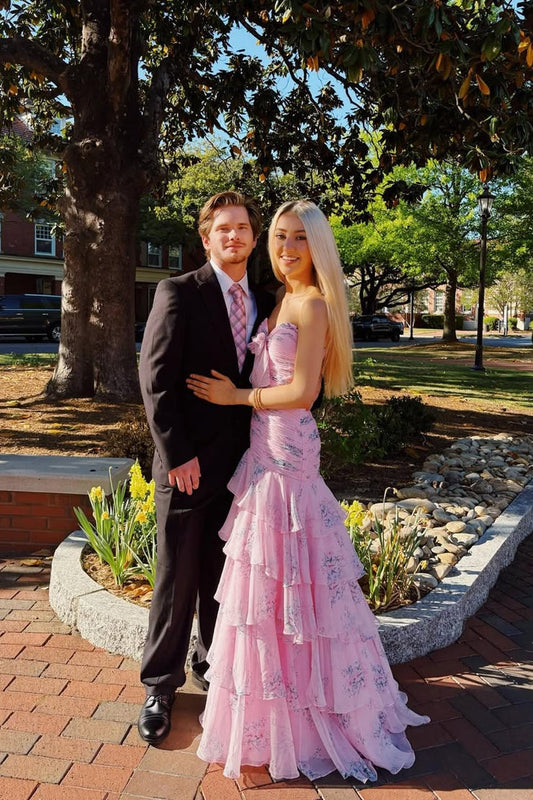Sweet Mermaid Strapless Light Pink Floral Chiffon Prom Dresses