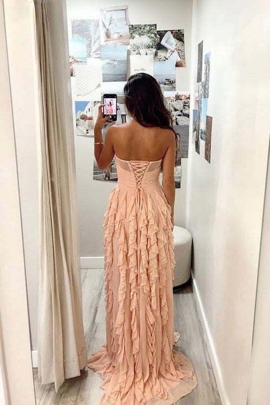 Sweetheart A Line Blush Pink Chiffon Long Prom Dresses