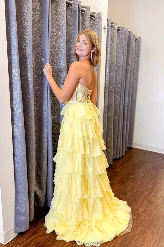 A Line Yellow Sweetheart Daffodil Chiffon Prom Dresses