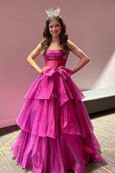 Ball Gown Strapless Fuchsia Organza Prom Dresses