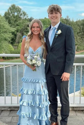 A Line V Neck Blue Satin Tiered Prom Dresses
