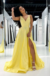 A Line V Neck Yellow Satin Prom Dresses