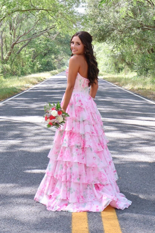 Chiffon A Line Sweetheart Pink Floral Prom Dresses