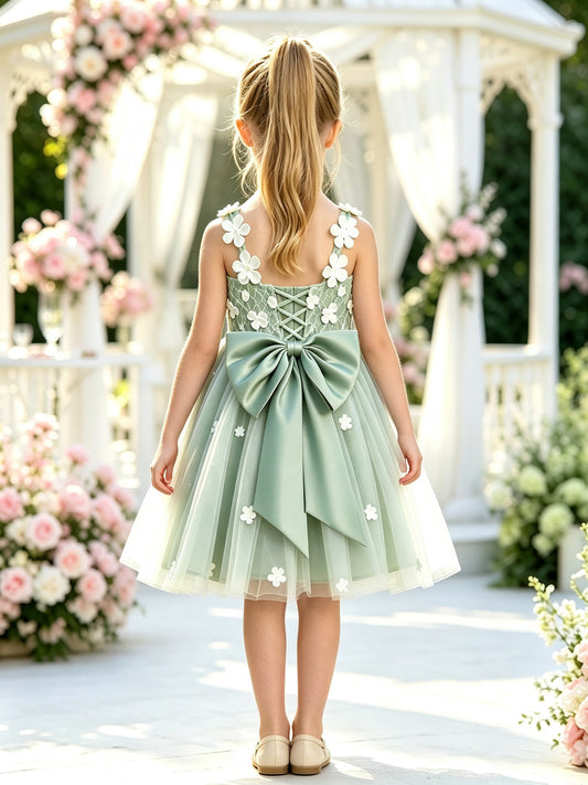 Girls Mint Tulle Flower Girl Dress Sleeveless Knee-Length A-Line with 3D Flowers and Lace-Up Bow Back for Wedding