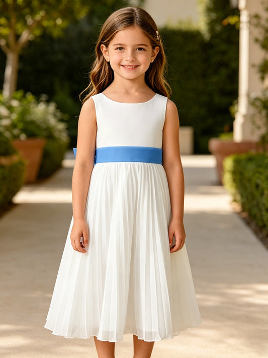 Girls Ivory Chiffon Flower Girl Dress Sleeveless Pleated A-Line with Bow Sash for Wedding