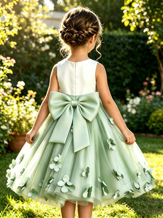 Girls Sage Green Satin Tulle Flower Girl Dress Sleeveless A-Line with 3D Flowers and Bow Sash for Wedding