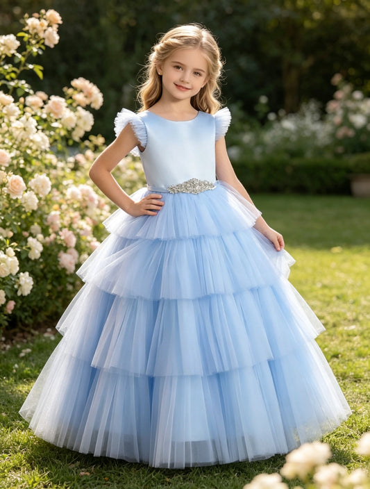 Girls Sky Blue Satin Tulle Flower Girl Dress Flutter Sleeve Tiered A-Line with Rhinestone Belt for Wedding