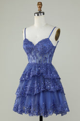 Navy Blue Layered Short Homecoming Dress Sequins Corset Straps Grad Dress,BD240703