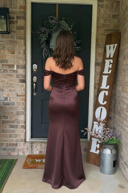 Off the Shoulder Chocolate Brown Satin Long Prom Dresses