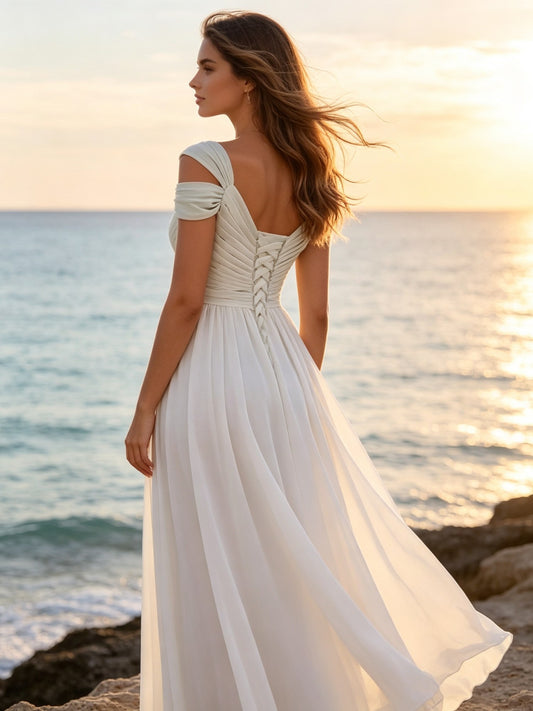 A Line V Neck Ivory Chiffon Long Prom Dresses with Cold Shoulder Sleeves and Slit