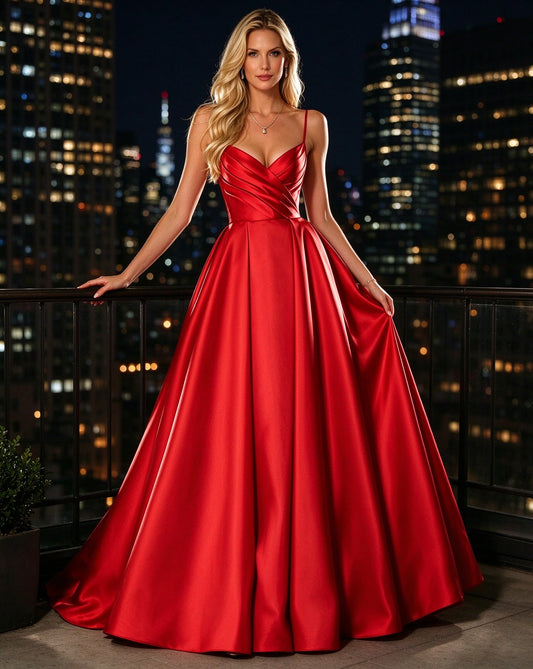 A Line V Neck Red Satin Long Prom Dresses with Spaghetti Straps