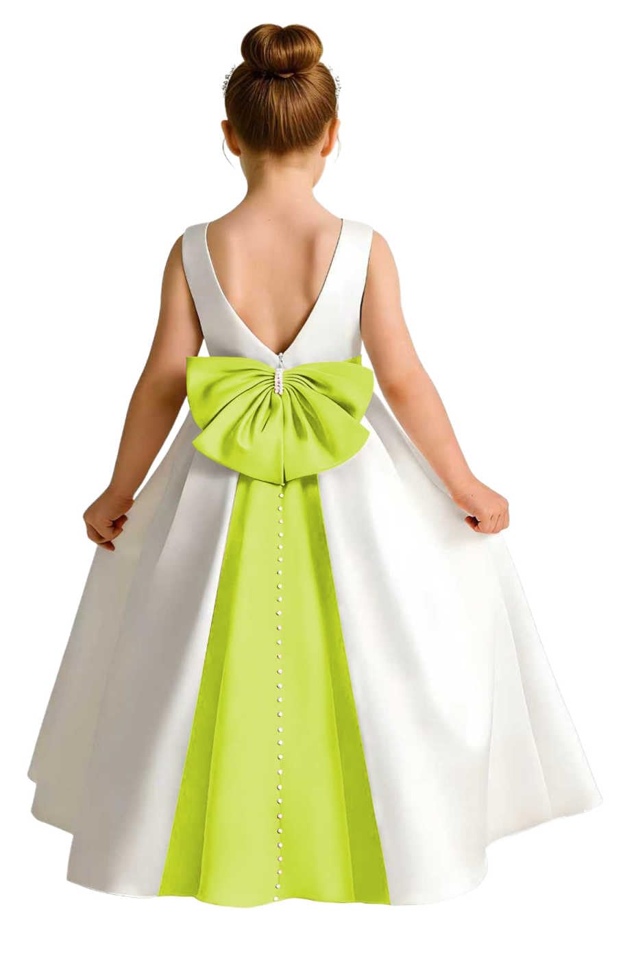 Girls Ivory Satin Flower Girl Dress Sleeveless A-Line Ball Gown with Green Sash for Wedding