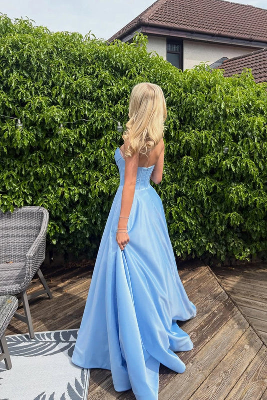 A Line Scoop Neck Blue Satin Long Prom Dresses with Beading