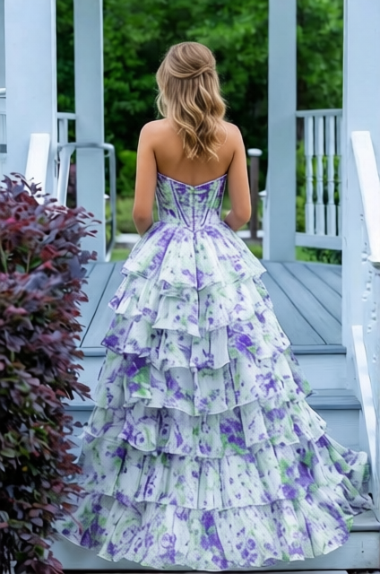 A Line Lavender Chiffon Tiered Sweetheart Prom Dresses