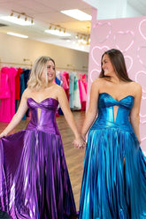A Line Sweetheart Keyhole Metallic Satin Prom Dresses