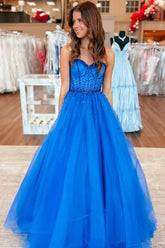 A Line Sweetheart Royal Blue Tulle Prom Dresses