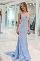Mermaid V Neck Blue Satin Long Prom Dresses