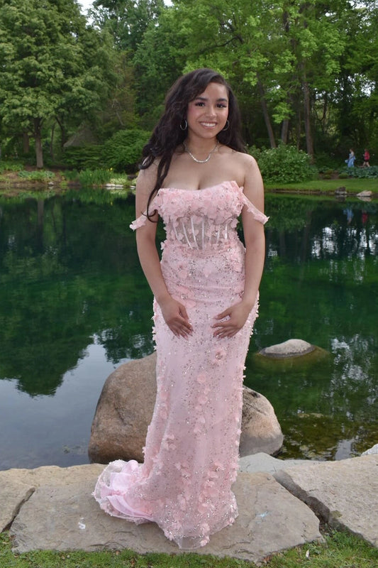 Off the Shoulder Blush Pink Lace Long Mermaid Prom Dresses