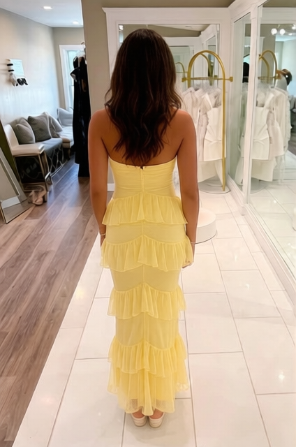 Sheath Strapless Chiffon Wedding Yellow Guest Dress Evening Dresses