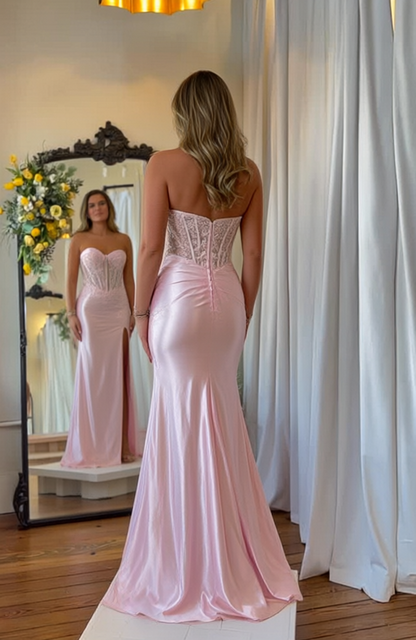 Mermaid Sweetheart Light Pink Satin Long Prom Dresses