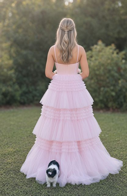 A Line V Neck Light Pink Tulle Tiered Long Prom Dresses