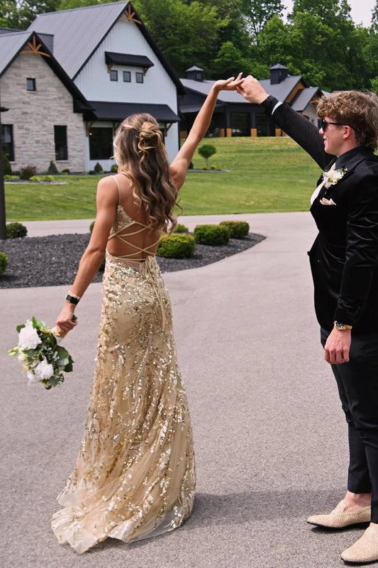 Sparkly V Neck Gold Sequins Lace Mermaid Prom Dresses
