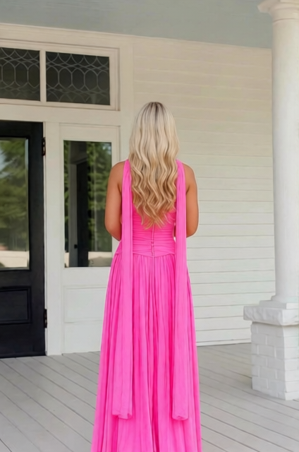 Hot Pink A Line Sweetheart Pleat Chiffon Prom Dresses