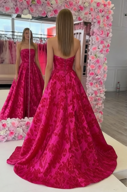 Strapless Red Jacqaurd Satin Ball Gown Prom Dresses with Pockets
