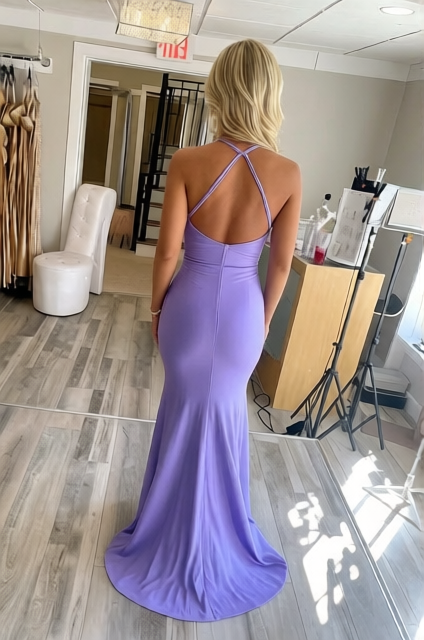 Charming V Neck Lavender Stretch Satin Mermaid Prom Dresses