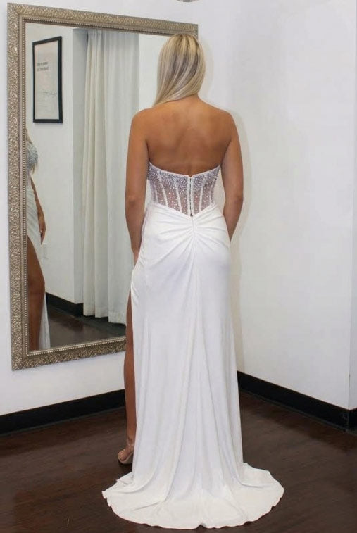 Charming Mermaid Scoop Neck White Chiffon Slit Prom Dresses