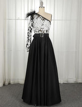 One Shoulder Long Sleeves Black Prom Dress With Belt Beading Evening Dress, BH91239