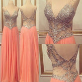 Pink prom Dress,Charming Prom Dresses,V neck prom Dress,see through prom dress,Evening dress,BD064
