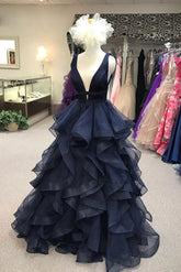 navy blue tulle charming fluffy prom dress long v-neck party dress,HO166