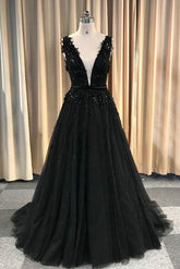 black v-neck tulle with lace appliques long formal prom dress,HO173