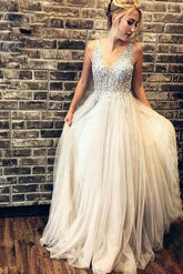 New Arrival A Line Gray V Neck Beaded Sleeveless Long Prom Dresses,BD22186