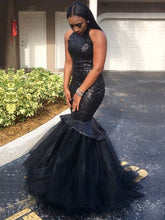 Mermaid Black Sleeveless Tulle Sequence Backless African American Long Prom Dresses,BD22182