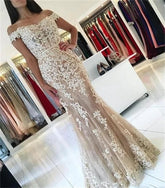 Amazing Mermaid Off Shoulder Sweetheart Tulle Champagne and White Appliques Long Prom Dress BD22135
