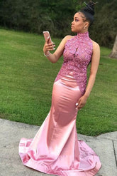 New Arrival Mermaid Pink Elastic Satin High Neck South African Long Prom Dress BD22168