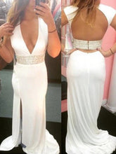 Amazing White Sheath V Neck Side Slit Backless Long Prom Dress, BD22165