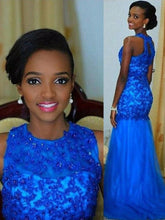 Amazing Royal Blue Mermaid Tulle and Appliques African American Long Prom Dress BD22150