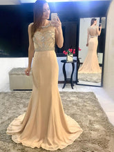 New Arrival Mermaid Chiffon Champagne Beaded Backless Scoop Long Prom Dress,BD22179