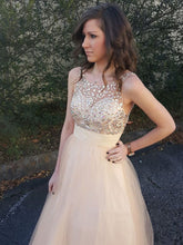 A Line Cheap Tulle Peach Beaded Backless Long Prom Dress BD22154