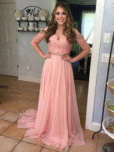 Newly A Line Pink Chiffon Off Shoulder Pleated Sweetheart Long Prom Dress BD22136