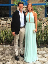 Newly A Line Chiffon Mint Green Halter Backless Long Prom Dress BD22158